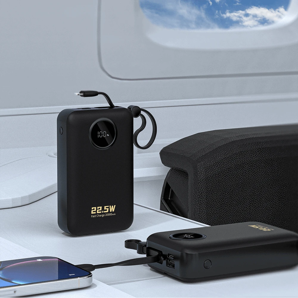 Dudao K14+ išorinė baterija 20000mAh 22.5W USB-C / USB-A / integruoti „Lightning“ ir USB-C laidai – juoda
