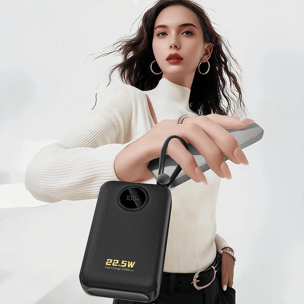 Dudao K14+ išorinė baterija 20000mAh 22.5W USB-C / USB-A / integruoti „Lightning“ ir USB-C laidai – juoda