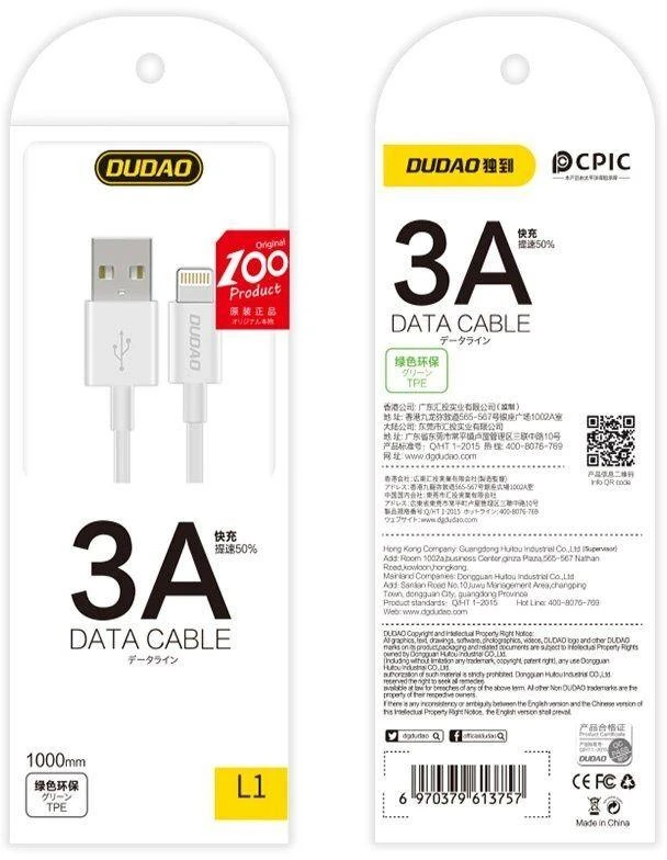 USB prie žaibo kabelis Dudao L1L 3A 1m (baltas)