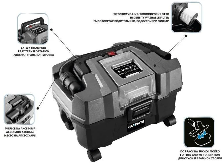 Akumuliatorinis siurblys Graphite 58GE105; 18 V (be akumuliatoriaus ir pakrovėjo)