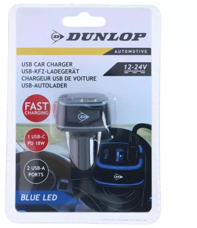 Dunlop automobilinis USB įkroviklis 2x USB A + C