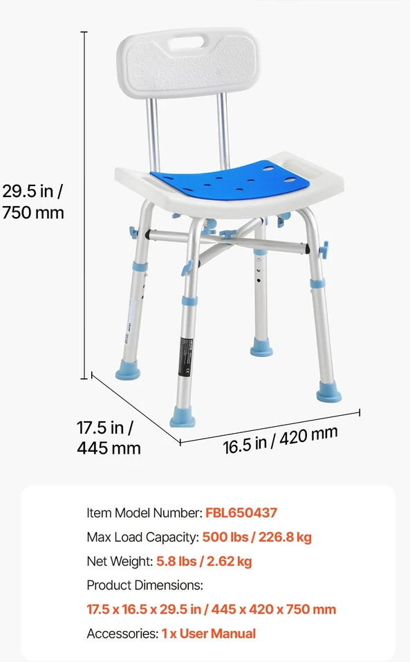 Dušo kėdė VEVOR FBL650437, 227 kg keliamoji galia