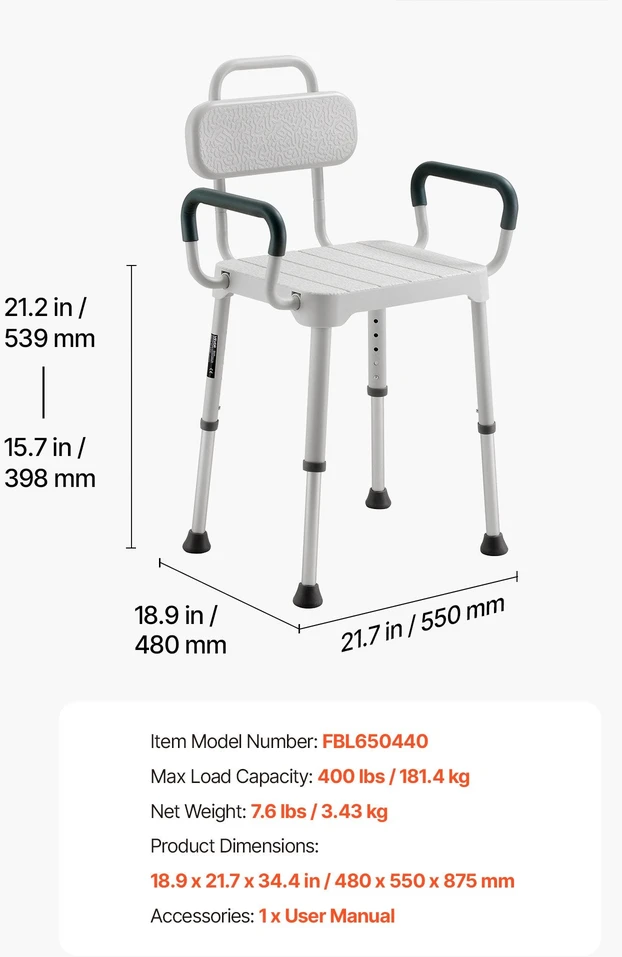 Dušo kėdė VEVOR FBL650440, 181 kg keliamoji galia