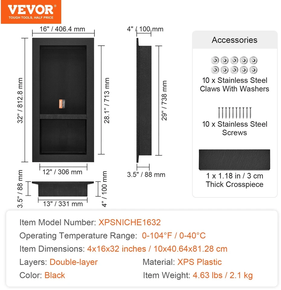 VEVOR Juoda dušo niša su lentynėlėmis plytelėms 40.64 x 81.28 cm