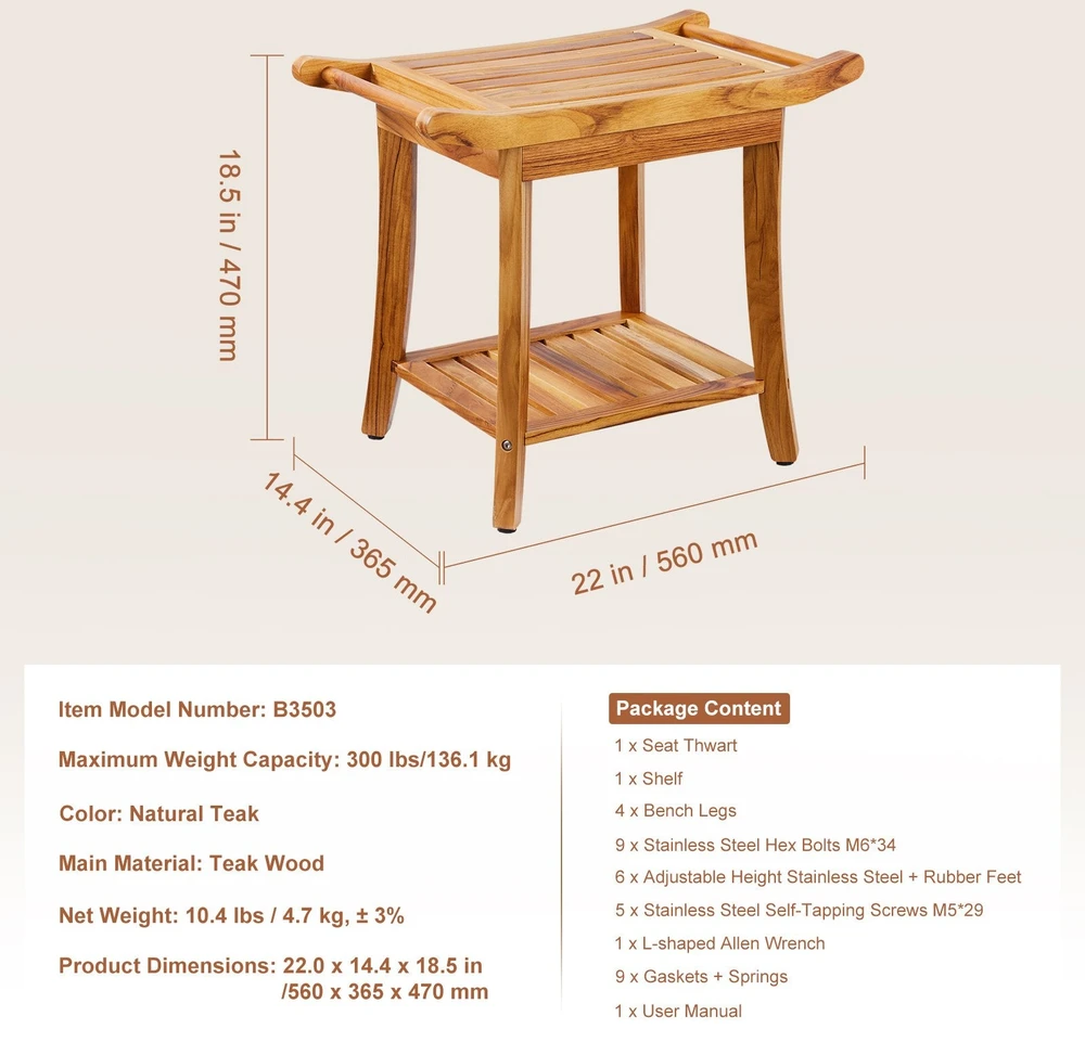 VEVOR Teak medinis vonios suoliukas