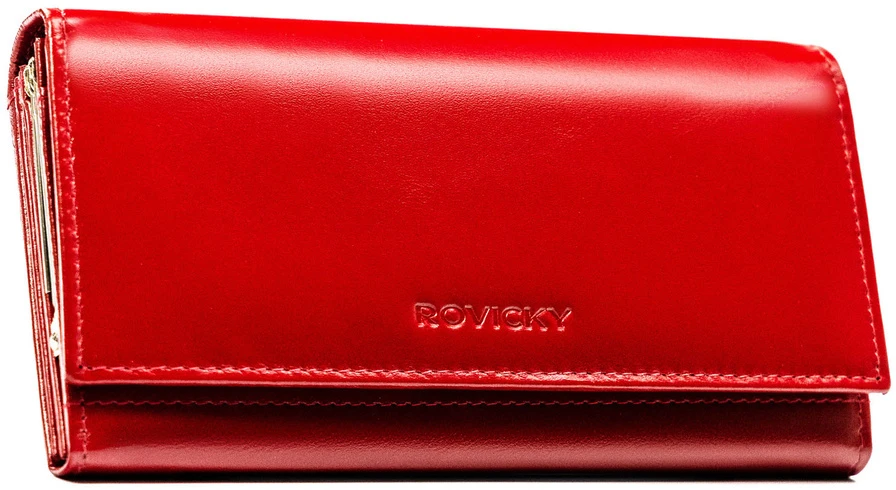 Duży, pojemny portfel damski ze skóry naturalnej w czerwonym kolorze, wyposażony w system RFID - Rovicky