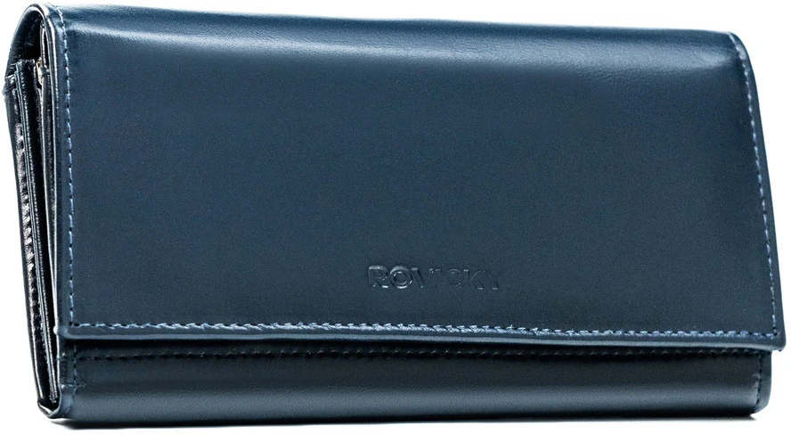 Duży, pojemny portfel damski ze skóry naturalnej w granatowym kolorze, wyposażony w system RFID - Rovicky