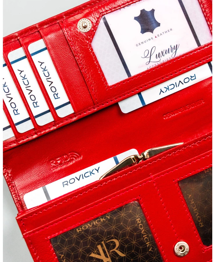 Duży, pojemny portfel damski ze skóry naturalnej w czerwonym kolorze, wyposażony w system RFID - Rovicky