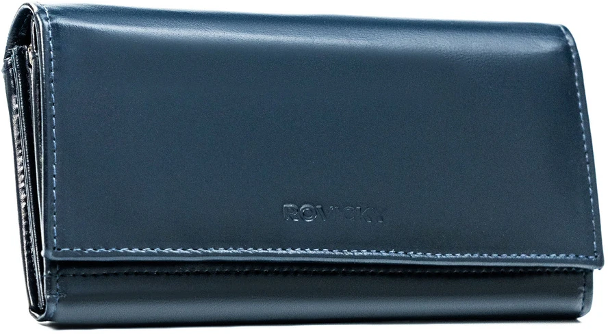 Duży, pojemny portfel damski ze skóry naturalnej w granatowym kolorze, wyposażony w system RFID - Rovicky