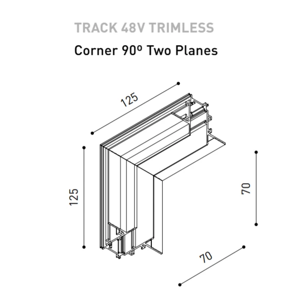 Dviejų plokštumų magnetinių bėgelių sujungimas TRACK 48V, 125mm, L formos, juodas