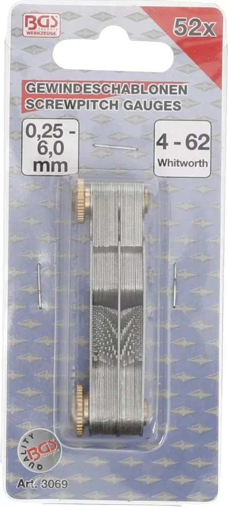 Dvigubas sriegio žingsnio matuoklis, 52 mentelės | metrinis 0,25–6,0 mm, Whitworth 4G–62G (3069)
