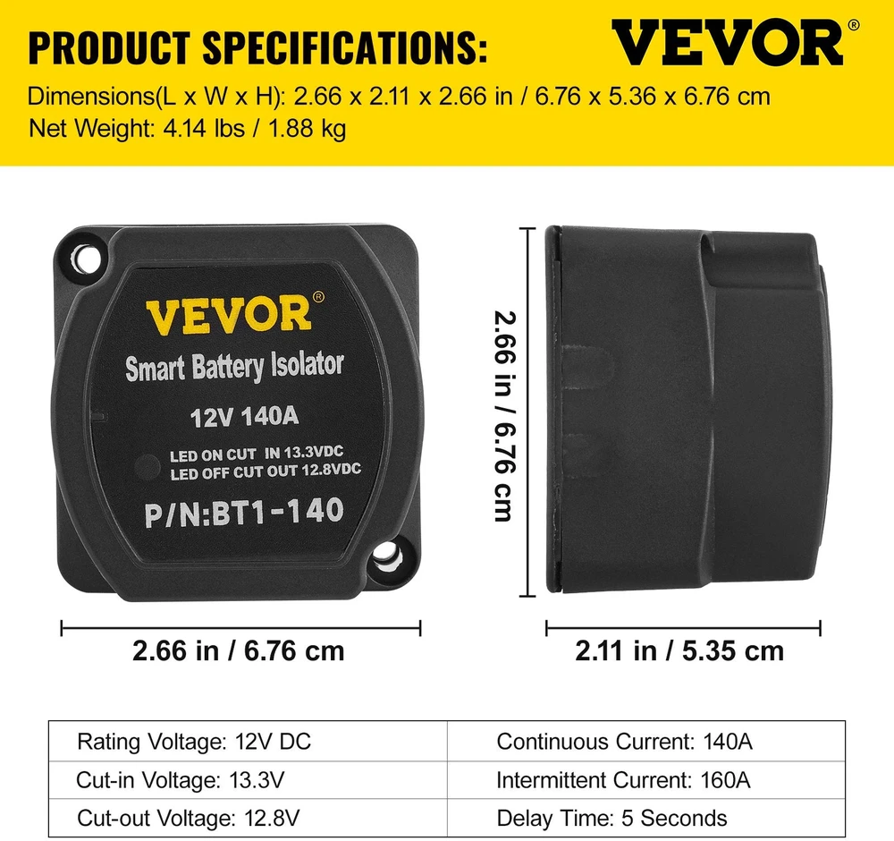 VEVOR Automatinis dviejų akumuliatorių izoliatorius 12V
