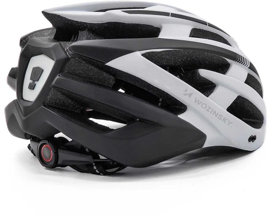 Dviratininko šalmas MTB Wozinsky su odpinanym daszkiem i tylną lampką USB 54-57 cm - juoda-balta