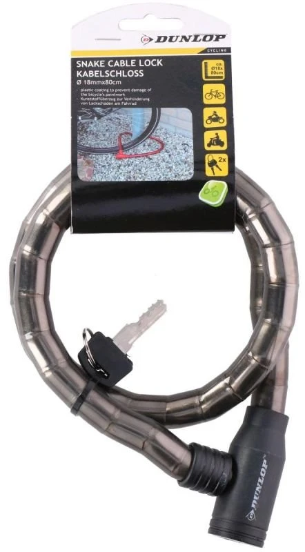 dviračio spiralinis užraktas su raktu, 18mm, Dunlop, juoda