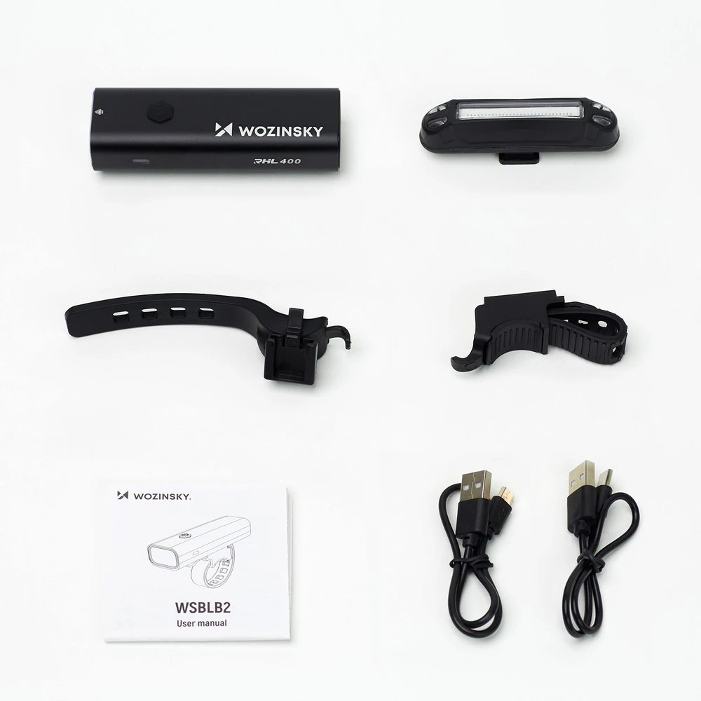 Wozinsky WSBLB2 priekinis (400 lm) ir galinis USB-C dviračio žibintų komplektas – juodos spalvos