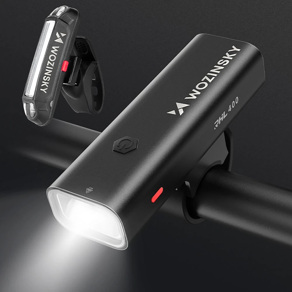 Wozinsky WSBLB2 priekinis (400 lm) ir galinis USB-C dviračio žibintų komplektas – juodos spalvos