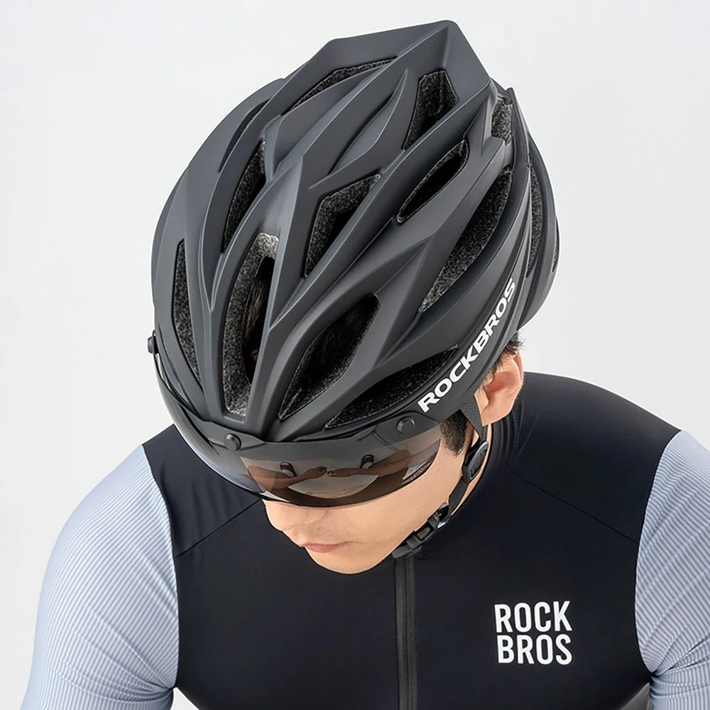 Rockbros dviratininko šalmas su Visor, Detachable UV Protective Goggles, Unisex – juodos spalvos/rudos spalvos