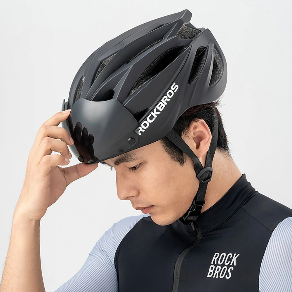 Rockbros dviratininko šalmas su Visor, Detachable UV Protective Goggles, Unisex – juodos spalvos/rudos spalvos