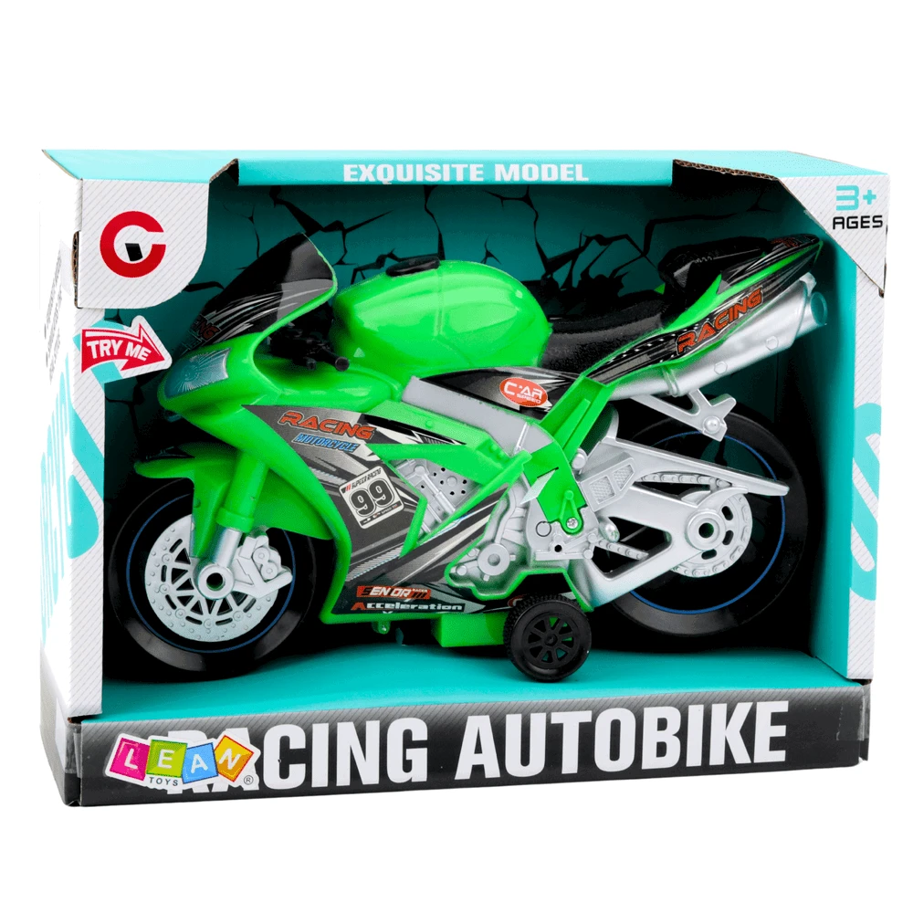Lean Toys Žaislinis lenktyninis motociklas su šviesos ir garso efektais, žalias