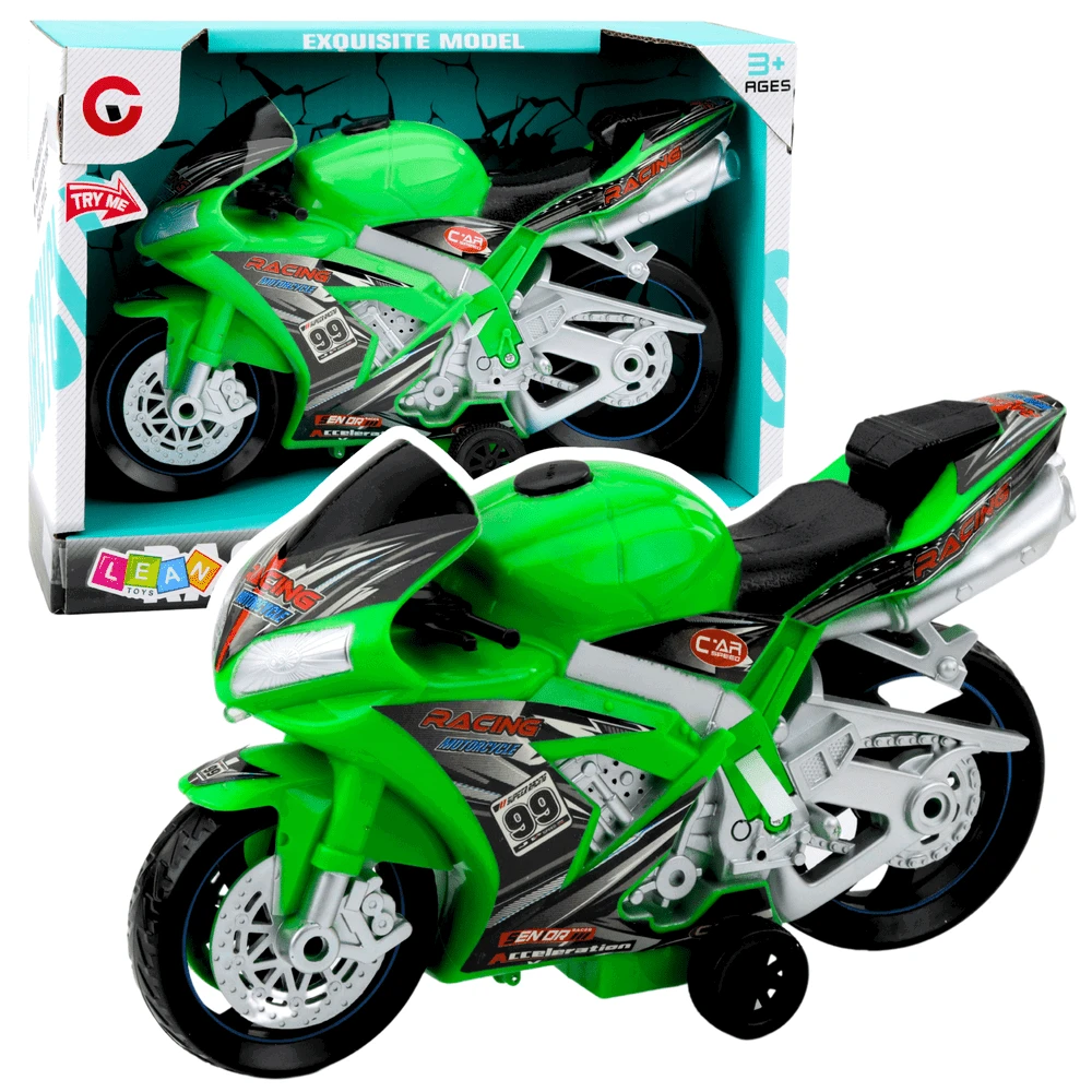 Lean Toys Žaislinis lenktyninis motociklas su šviesos ir garso efektais, žalias