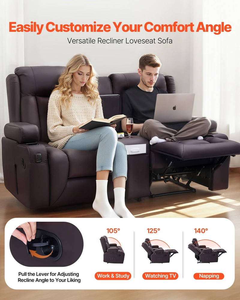 VEVOR Dviejų vietų atlošiama sofa su centriniu console