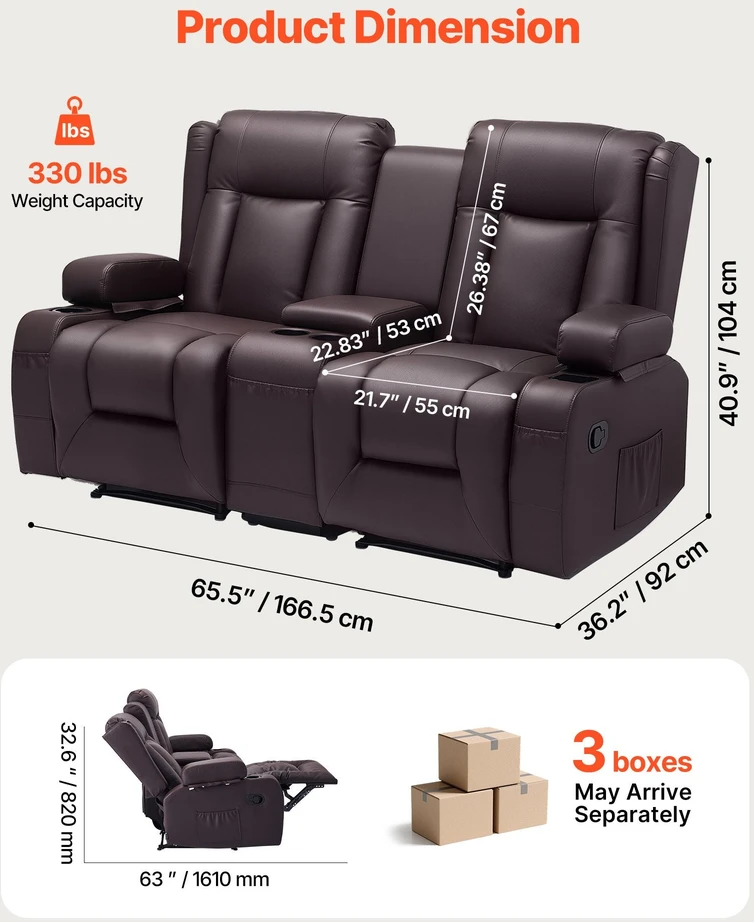 VEVOR Dviejų vietų atlošiama sofa su centriniu console