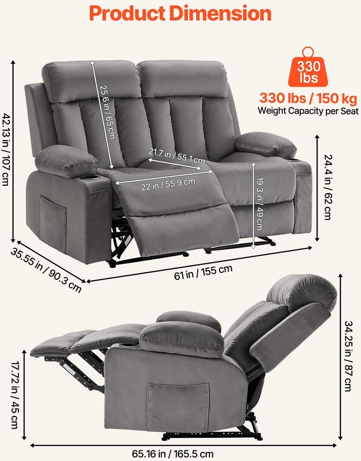 VEVOR Elektrinė dvivietė sofa su masažu ir USB
