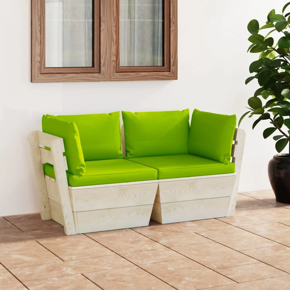 Lauko baldų komplektas Dvivietė sodo sofa iš palečių su pagalvėlėmis, eglės mediena