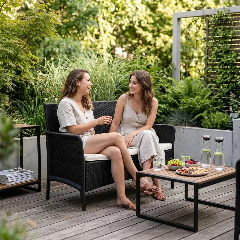 Dvivietė sodo sofa su pagalvėle, suolas balkonui, terasai, sodui, juodas, „MultiGarden“