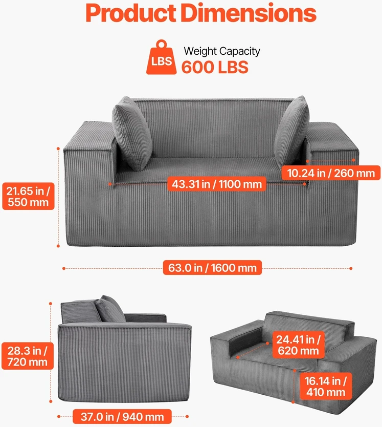 VEVOR Dviejų vietų šviesiai pilkas sofa be surinkimo