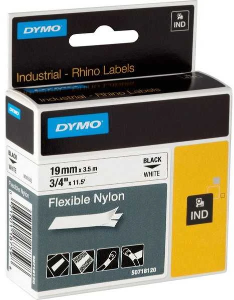 DYMO 18489 RHINO Nailono Juostelė 19mm x 3,5m (balta / juodas šifras)