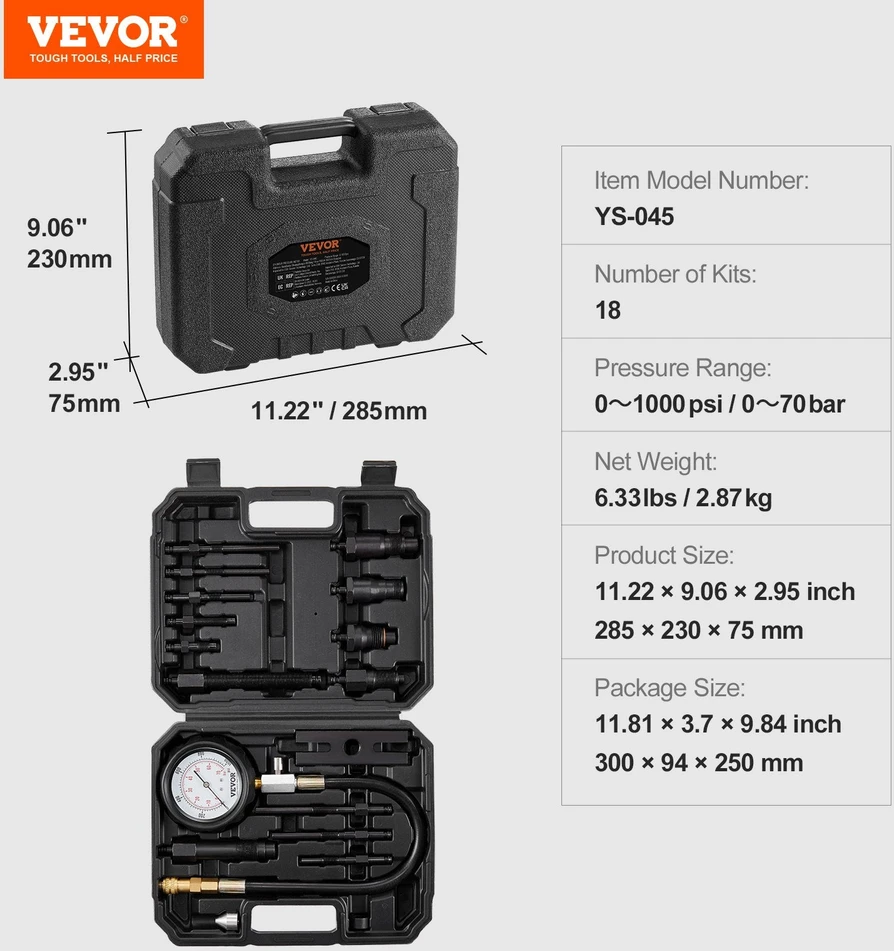 VEVOR Dyzelinio variklio kompresijos testeris, 18 vnt.