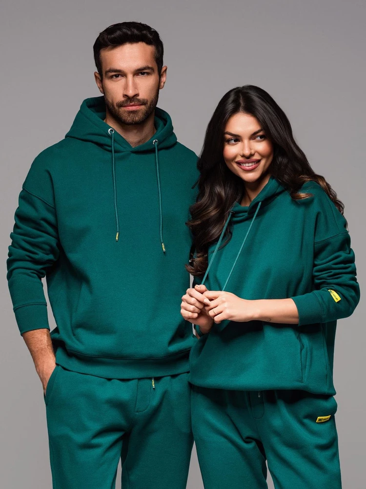 Džemperis su gobtuvu ir kišenėmis unisex tamsiai žalios spalvos