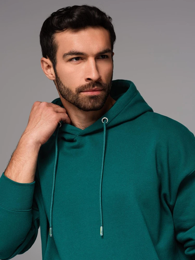 Džemperis su gobtuvu ir kišenėmis unisex tamsiai žalios spalvos