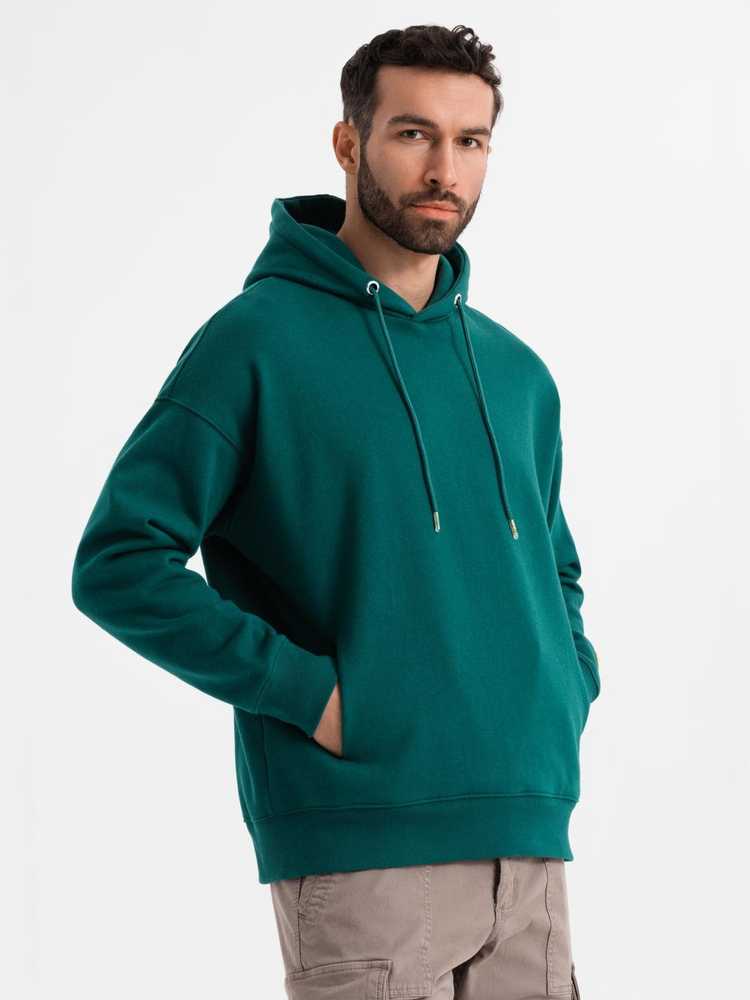 Džemperis su gobtuvu ir kišenėmis unisex tamsiai žalios spalvos