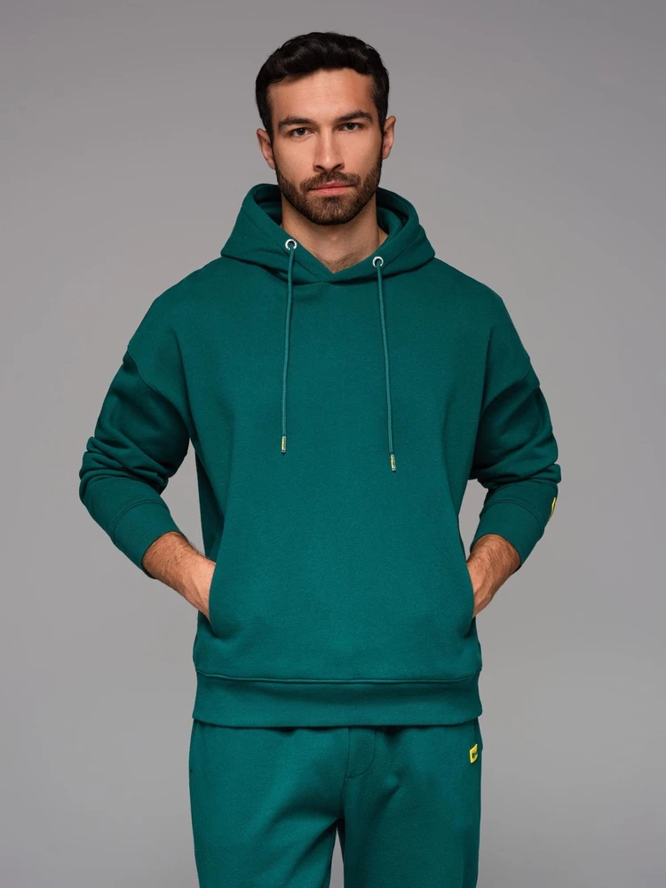 Džemperis su gobtuvu ir kišenėmis unisex tamsiai žalios spalvos