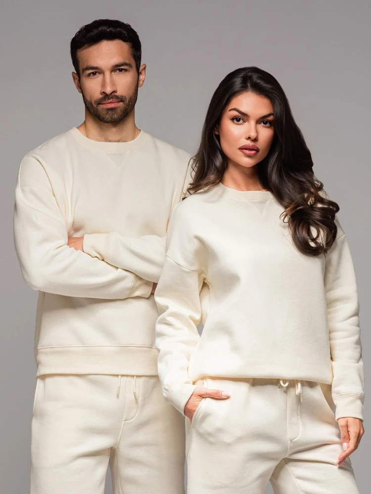 Džemperis unisex kreminės spalvos su apvalia iškirpte