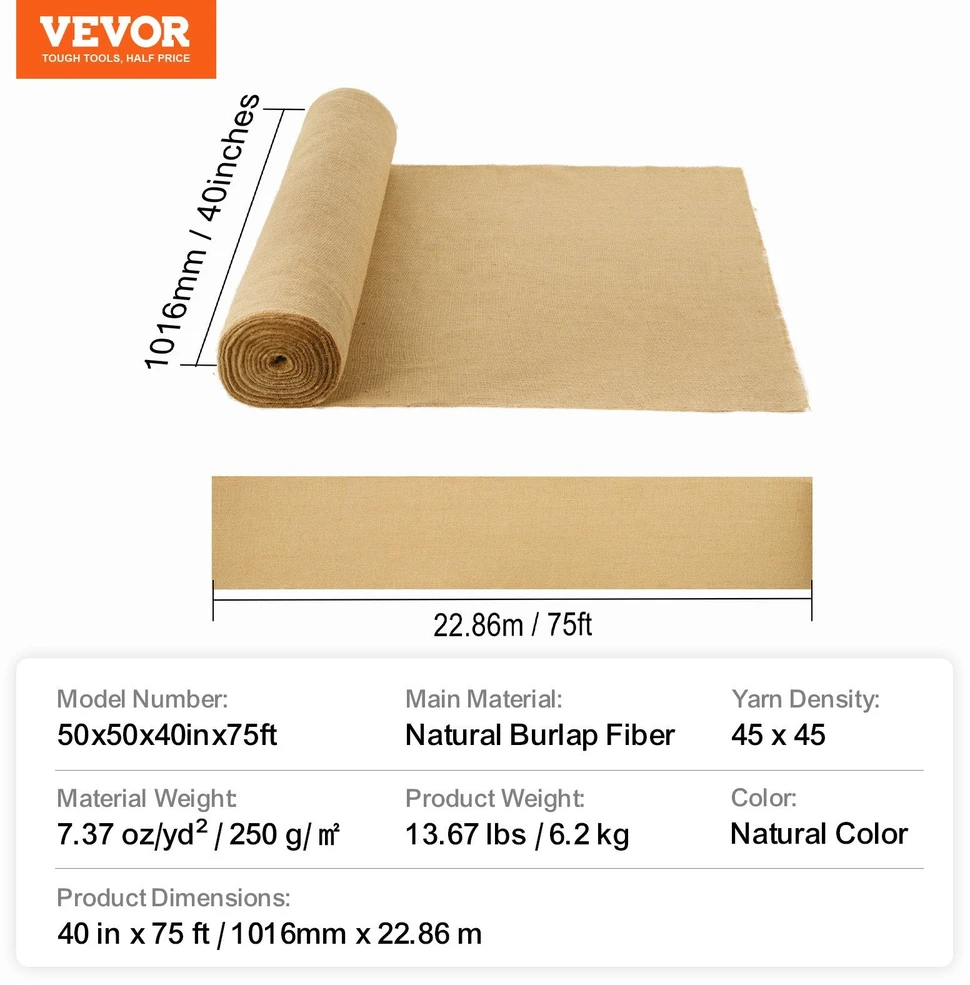 VEVOR Džiuto medžiagos rulonas, 101 cm x 22.86 m
