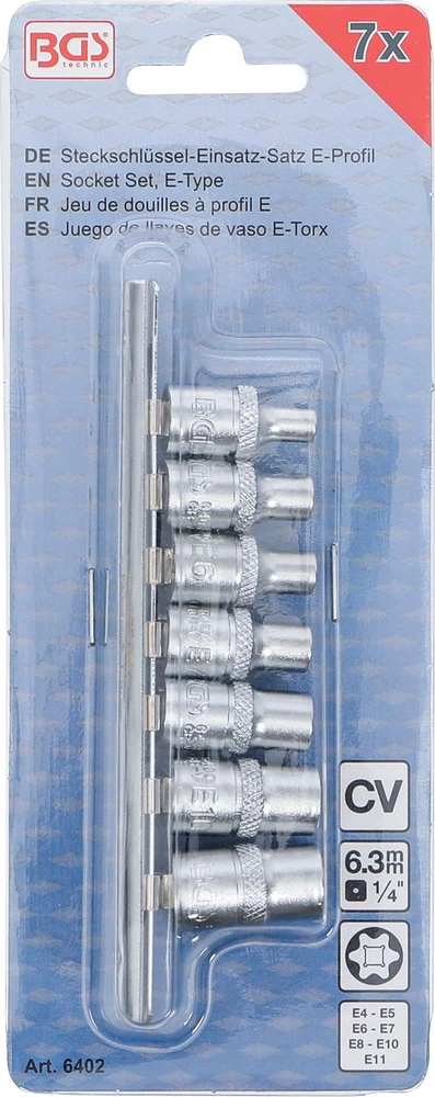 E TIPO GALVUČIŲ RINKINYS | 6,3 MM (1/4") SUKIMAS | E4–E11 | 7 VNT. (6402)