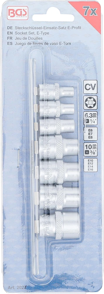 E TIPO GALVUČIŲ RINKINYS | 6,3 MM (1/4") / 10 MM (3/8") KVADRATINĖ JUNGTIS | E6–E16 | 7 VNT. (2027)