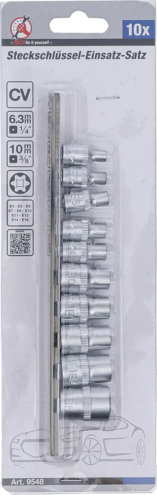 E TIPO GALVUČIŲ RINKINYS | 6,3 MM (1/4") / 10 MM (3/8") KVADRATINĖ PAVARA | E4–E16 | 10 VNT. (9548)