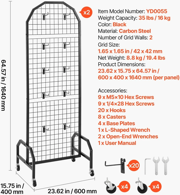 Ekspozicinės grotelės VEVOR YD0055, 600 x 1640 mm (Ekspozicinė prekė)