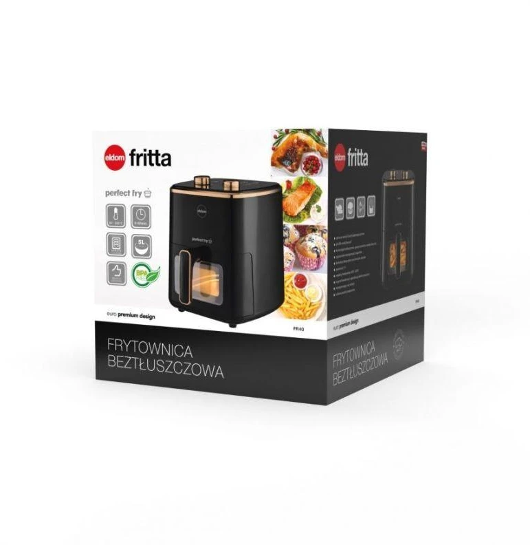 ELDOM FRITTA neriebi gruzdintuvė, talpa 5,0 l, reguliuojama temperatūra, 1500 W, viena 5 l talpos, atskira karšto oro gruzdintuvė, Juodas
