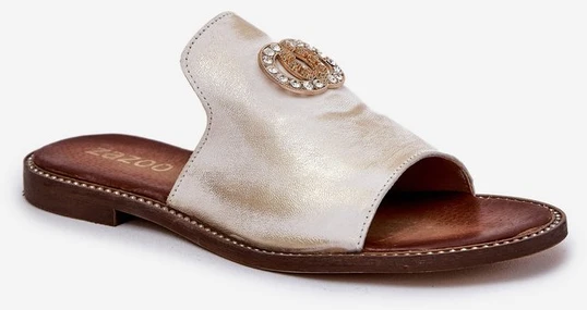 Elegantiškos moteriškos odinės šlepetės su dekoru Auksinės