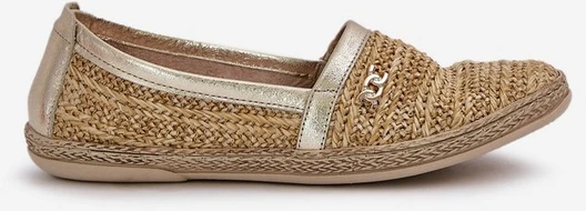 Elegantiškos odinės espadrilės su pynimu smėlio-aukso spalvos