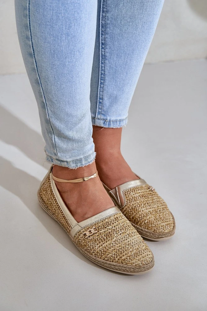 Elegantiškos odinės espadrilės su pynimu smėlio-aukso spalvos