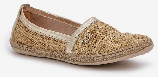Elegantiškos odinės espadrilės su pynimu smėlio-aukso spalvos