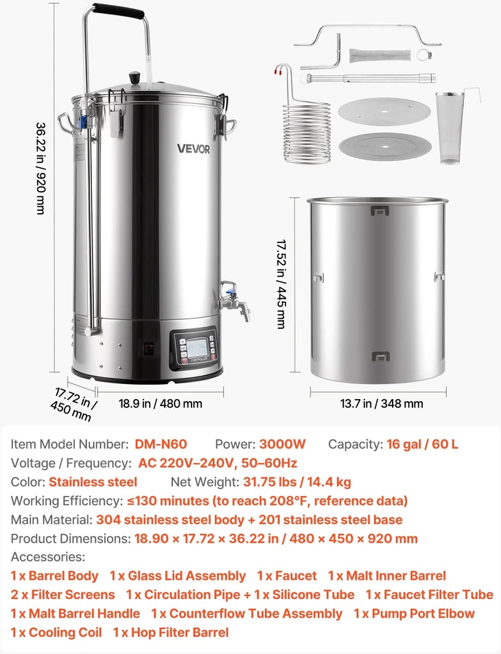 VEVOR Elektrinė alaus gamybos sistema, 60 l talpa, 3000W