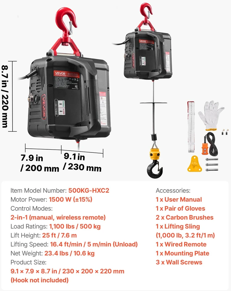 VEVOR Elektrinis keltuvas 500 kg su nuotoliniu valdymu