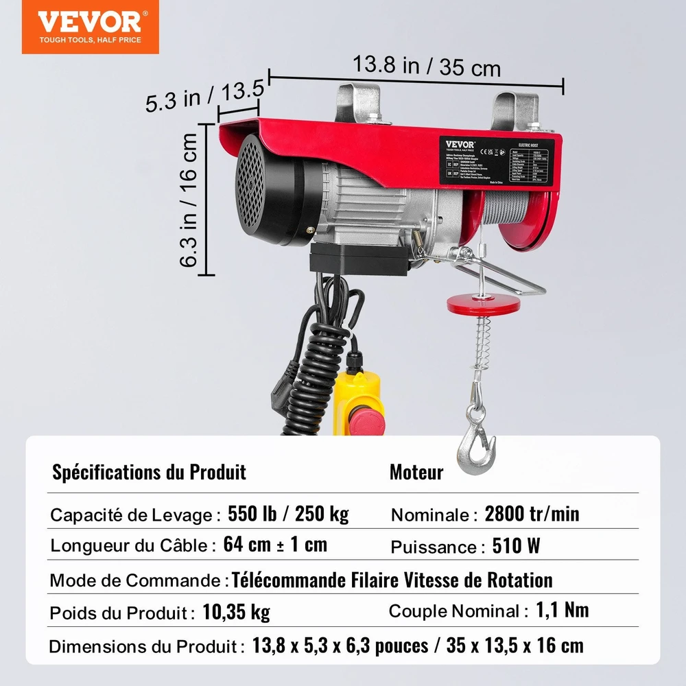 VEVOR Elektrinis keltuvas, 250 kg, 510W variklis